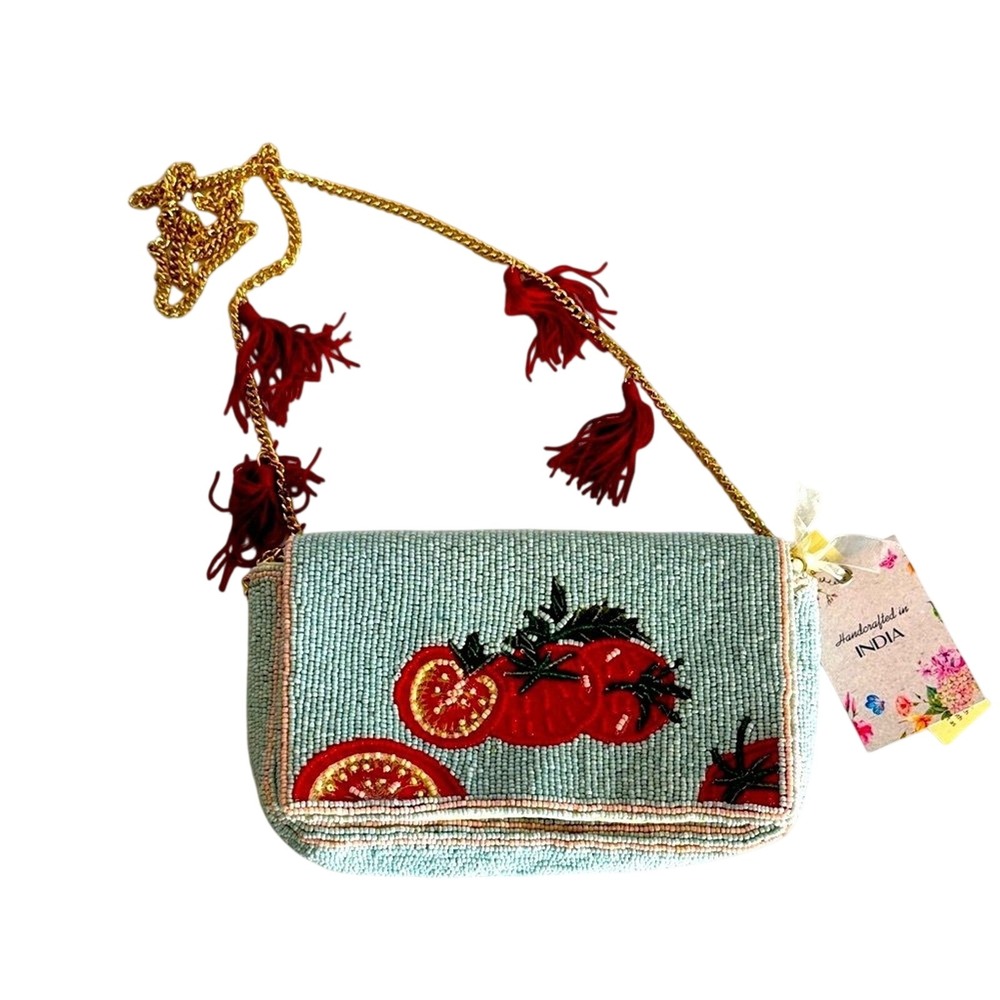 Beaded Tomato Fruit Crossbody Bag Tassels Multicolor NWT Anthropologie viral bag